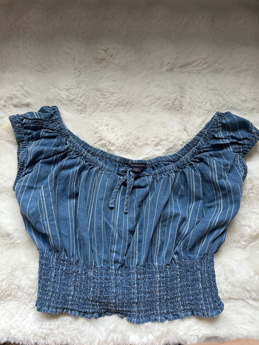 AE Blue Striped Smocked Waist Off-Shoulder Top
